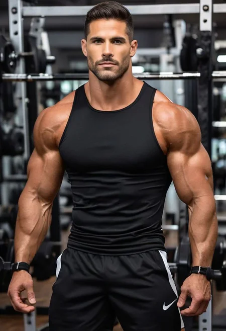 adonismale, handsome 1man, square face, strong jawline, full lips, light eyes, very muscular, pectorals, beefy muscle, black exercise shirt, black workout shorts, (bulge:1.1), strong legs, luxurious weightlifting gym background, detailed background, ultra detailed, ultra realistic, masterpiece, best quality, detailed face