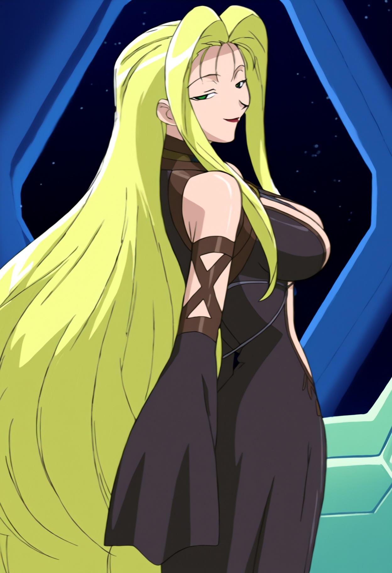 high quality, newest, hires, 
1girl, jbe, solo,green eyes, looking at viewer, half-closed eyes,  lipstick, smile, jbe outfit, long hair, breasts, blonde hair, large breasts,very long hair,  detached sleeves,  indoors, space, from, behind,
