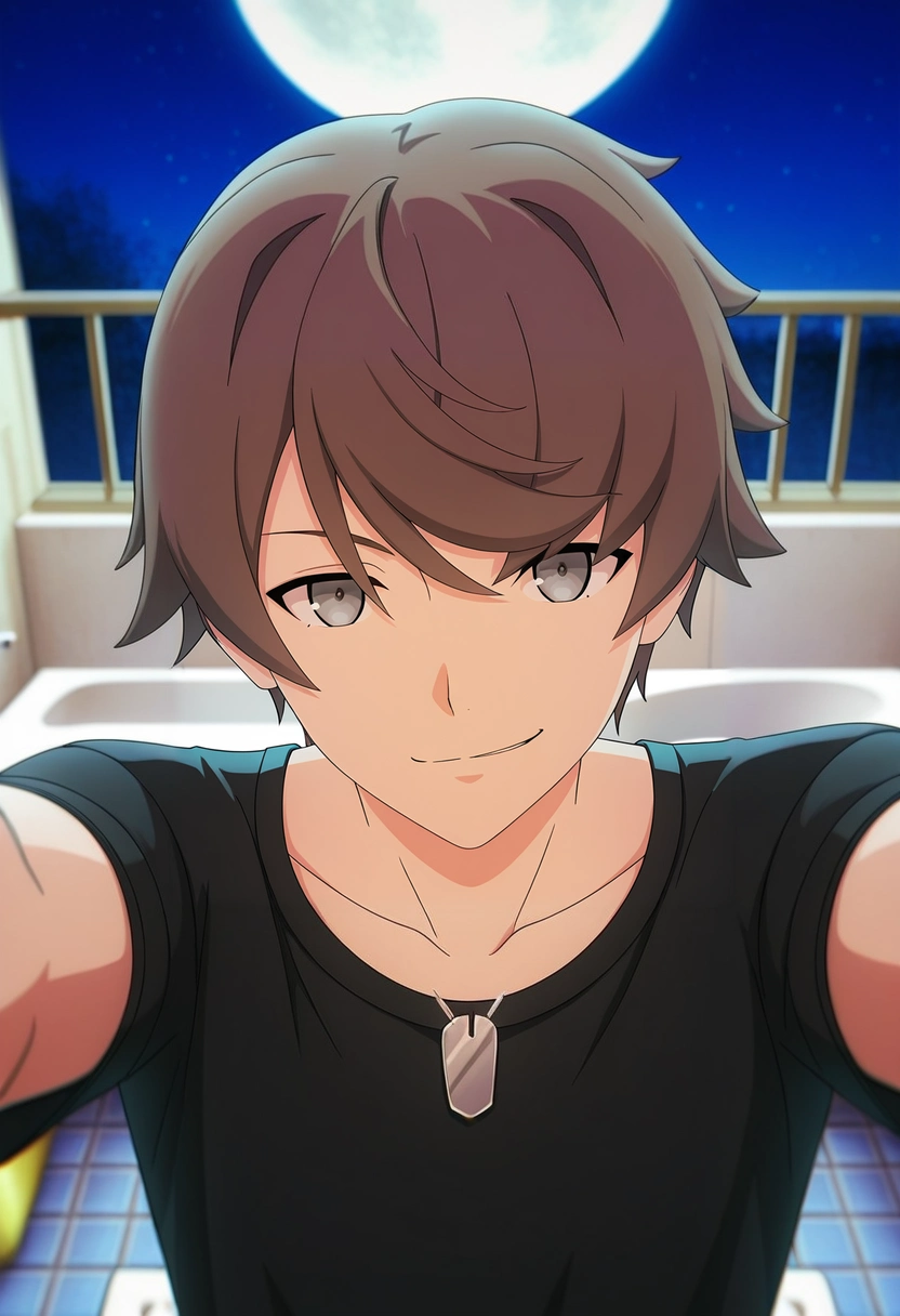 masterpiece, best quality, intricate details, (3d:0.4), looking at viewer, 1boy, solo, male focus, <lora:kanata_synduality_noir_ilxl:0.96>, kanata_synduality_noir, brown hair, grey eyes, short hair, black shirt, , , close-up, bathroom, night, full moon, outstretched arms, smirk,