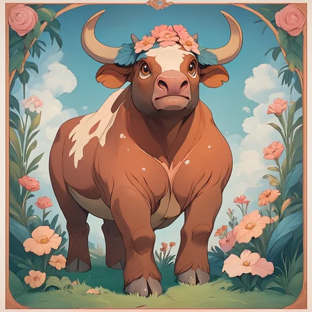 score_9, score_8_up, score_7_up, score_6_up, BREAK <lora:Disney_NouveauPony:1> ArsMJStyle, Disney Nouveau, The image shows a painting of a bull with horns and flowers on its head surrounded by a frame of plants and flowers., no humans, flower, horns, solo, pokemon (creature), grass, full body, standing, border, brown eyes