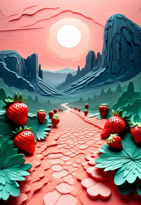 Strawberry Moonrise Over the Desert:
A vast desert landscape at twilight. In place of the moon, a massive glowing strawberry hangs low in the sky, casting red-pink reflections on sandstone cliffs. A single silhouetted traveler with a walking stick gazes upward. Surreal grandeur with minimalist composition, evocative of magical realism.
Tags: minimalist composition, simple composition, clean lines, made of strawberry, low-poli, voronoi, voxels, transformed into a strawberry-themed landscape, strawberry-themed elements, illustration insanity, surrealist artistic textures, fluid realism, Paper Quilling,