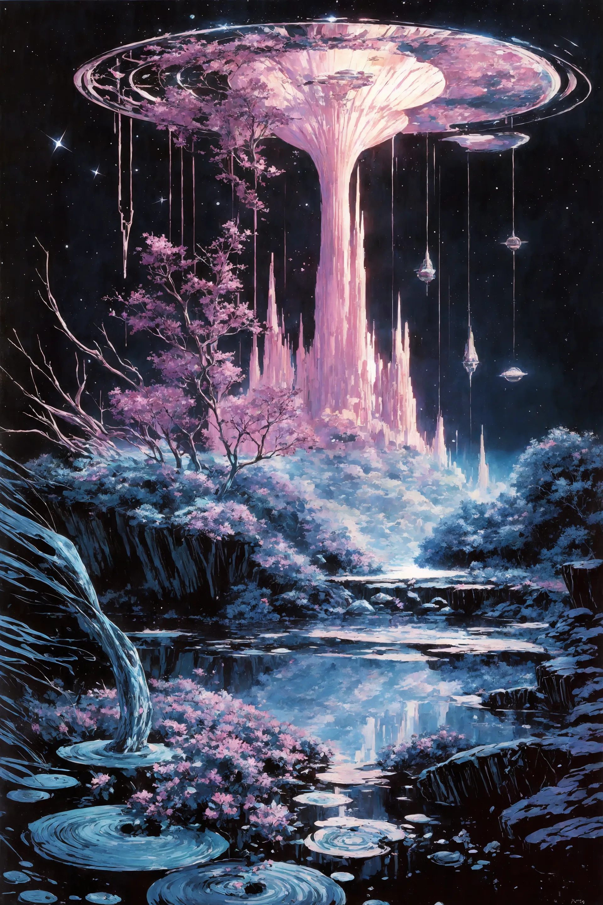 space planet, sun, moon, stars, (big rocks:0.9), (ripples, reflections:0.9), spatial futuristic castle, (small river pond:0.8), space forest, (space village:1.2), (stunning nature aquatic environment:0.8), spaceship, (unknown exotic land:0.9),) (nice alien civilization),  (beautiful space fantasy scifi futuristic landscape:0.9, (very detailed:1.2), (best quality:1.2), sharp focus, high contrast, cinematic lights, backlight, shadows, (lens flare:0.4), (vibrant colors, colorful):0.7, (Knockout Pink flowers:0.9) and leaves, <lora:Detail Tweaker LoRA add_detail:0.8><lora:depth_of_field_slider_v1:5>  <lora:SDXLrender_v2.0:0.9> <lora:1970RetroFuturism:0.3> 1970retrofuturism