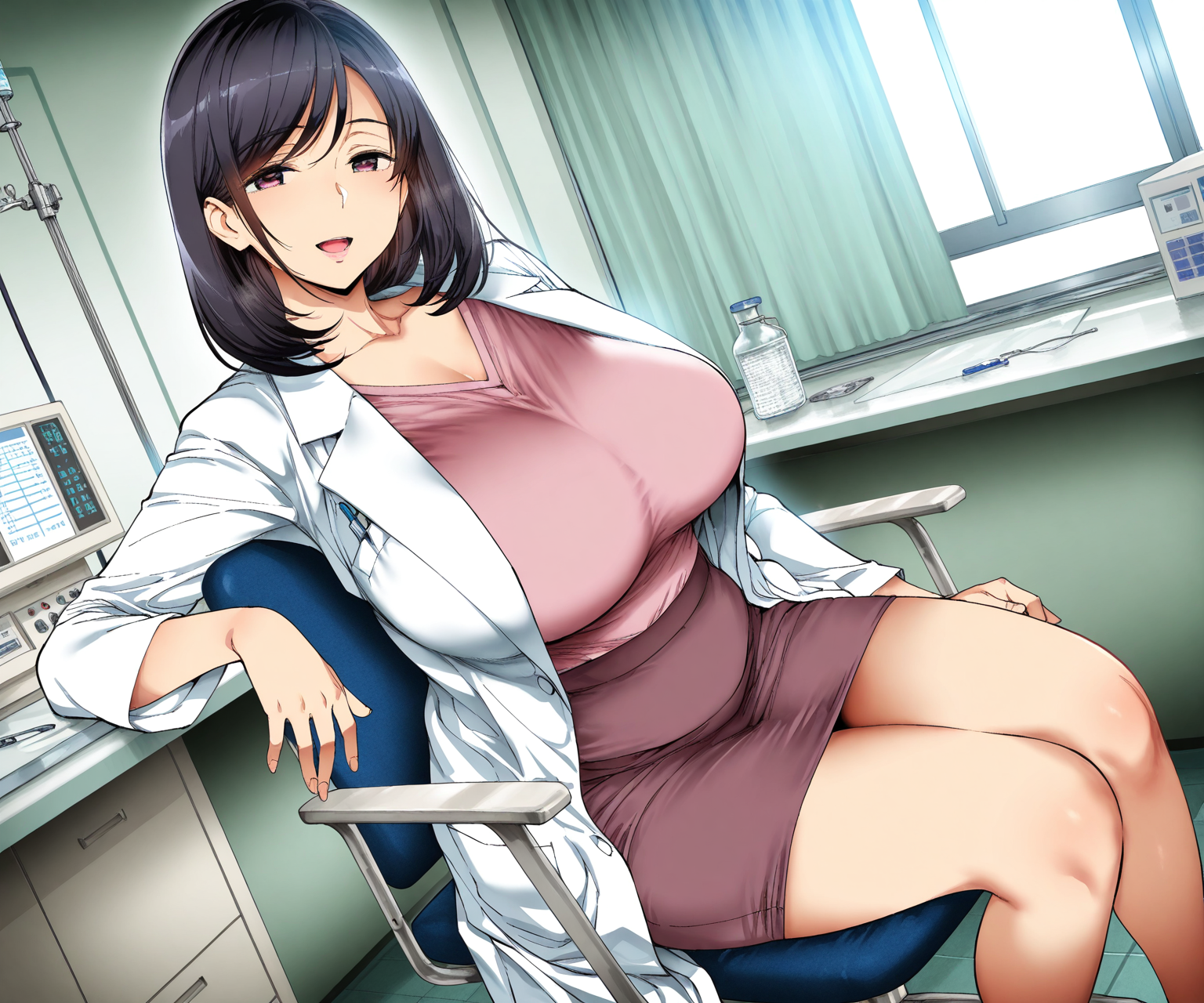 masterpiece, best quality, amazing quality, sfw, 1girl, solo, shirt,  lab coat, skirt, medium hair, hospital,  smile, open mouth,  looking at viewer, black hair,  mature female, sitting on chair  <lora:Ashiomi Masato style ILL-v2:1> ashiomimasato