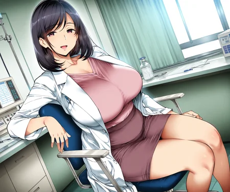 masterpiece, best quality, amazing quality, sfw, 1girl, solo, shirt, lab coat, skirt, medium hair, hospital, smile, open mouth, looking at viewer, black hair, mature female, sitting on chair <lora:Ashiomi Masato style ILL-v2:1> ashiomimasato