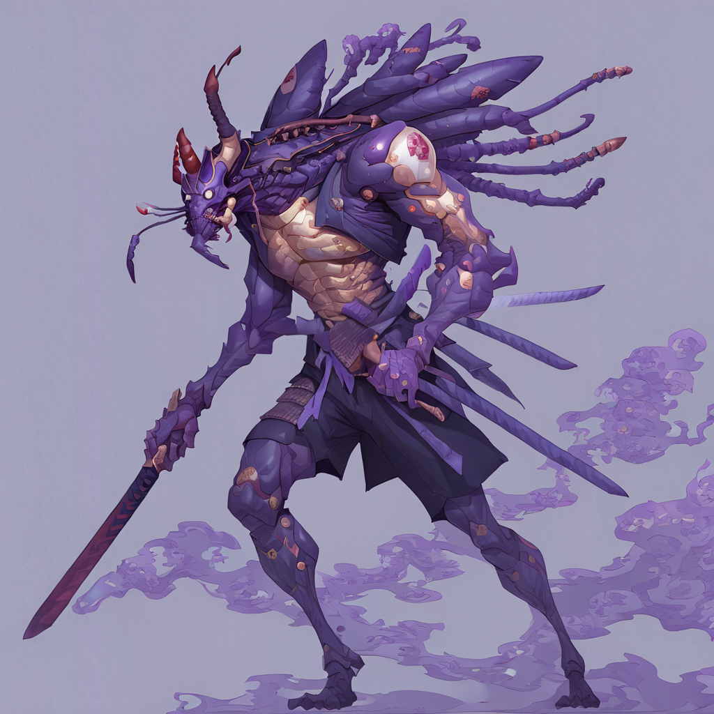 <lora:hu4lu:1>hu4lu insect warrior god holding sword indigo background