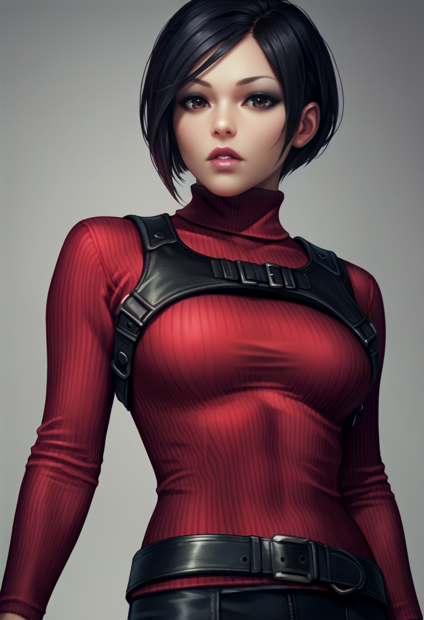 score_9, score_8_up, score_7_up, source_anime, realistic, BREAK 1girl, solo, lips, lipstick, eyeliner, makeup, parted lips, <lora:adawong-re-richy-v1_pdxl:1> adasweater, black hair, short hair, black eyes, red sweater, turtleneck, harness, pantyhose, black gloves, belt