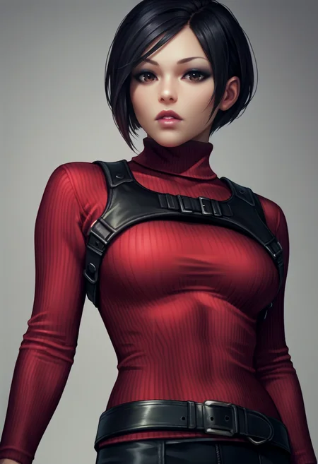 score_9, score_8_up, score_7_up, source_anime, realistic, BREAK 1girl, solo, lips, lipstick, eyeliner, makeup, parted lips, <lora:adawong-re-richy-v1_pdxl:1> adasweater, black hair, short hair, black eyes, red sweater, turtleneck, harness, pantyhose, black gloves, belt