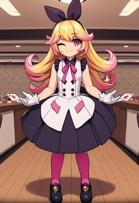 score_4,score_5,score_6,score_7_up,score_8_up,score_9
((masterpiece,best quality,ultra detailed,highres,HD,4k:1.2)),
1girl,solo,
dark pink eyes, blonde hair, long hair, hairband, ribbon, multicolored hair, pink hair tips, bangs, ribbon on clothes, pink pantyhose, white gloves, gloves, sleeveless dress, frilly dress, black footwear, black shoes,
standing,Indoors, luxurious interiors,holding a playing card, smile, wink,