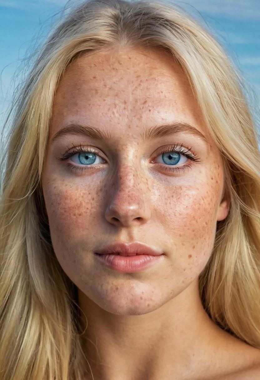 Amazing iPhone photo of a beautiful blonde Swedish girl, Instagram selfie, dynamic, nudist, very pretty, beautiful face, brilliant blue eyes, detailed iris, perfectly round pupil, friendly and approachable face, long face, pointy chin, innocent looks, thick, thick hips, thick thighs, highly detailed skin, freckles, (freckles and moles:0.5), (young:1.4), low light, beautiful sky, soft natural light, 8k resolution, masterpiece, sharp focus