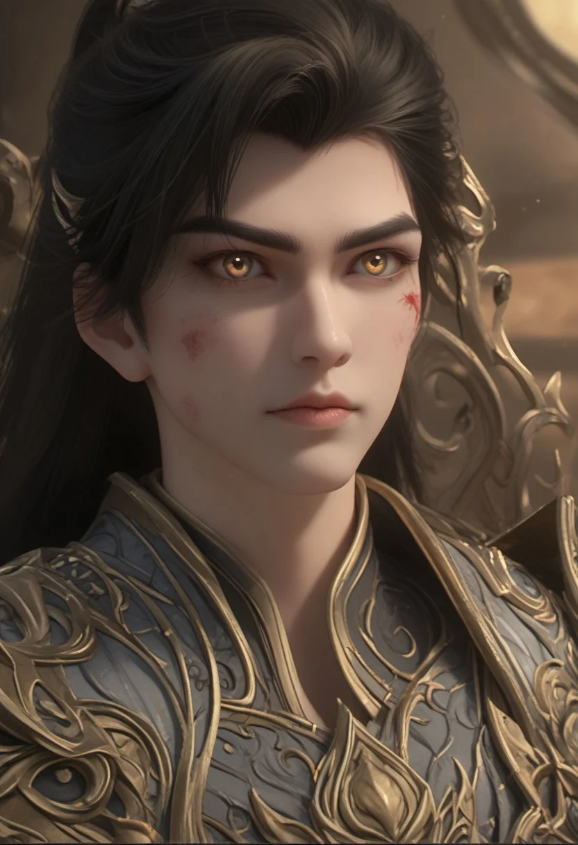 (super detailed adult clean face), detailed eyes, expressiveH, focus on face, from side, medium shot, score_9, score_8_up, score_7_up, shihao, 1boy, solo, black hair, emperor_armor, blue eyes, gold eyes, ponytail, slim toned male, blood, blood on face. create a stunning portrait of an fantasy adult hero in epic godlike pose, designed in an ultra-detailed, realistic art style. The image should capture the essence of hate, hostile, anger, strength, beauty, and power, with dramatic lighting that accentuates the character's features and presence.  Use a Canon EOS R5 camera with a 100mm lens at F 1.2 aperture setting to blur the background and isolate the subject. Use a dreamlike lighting effect to create a serene and peaceful image.