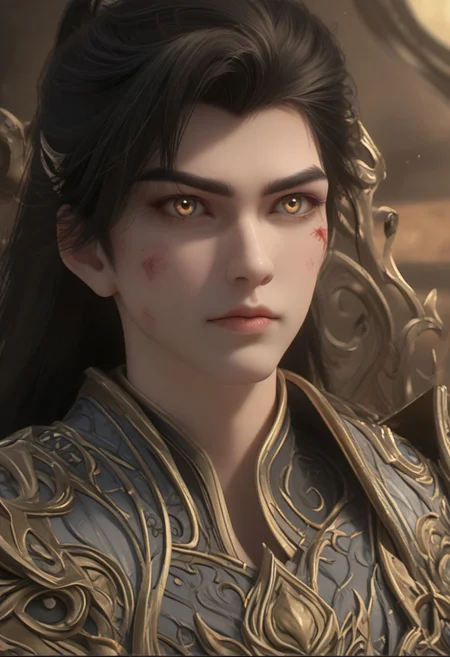 (super detailed adult clean face), detailed eyes, expressiveH, focus on face, from side, medium shot, score_9, score_8_up, score_7_up, shihao, 1boy, solo, black hair, emperor_armor, blue eyes, gold eyes, ponytail, slim toned male, blood, blood on face. create a stunning portrait of an fantasy adult hero in epic godlike pose, designed in an ultra-detailed, realistic art style. The image should capture the essence of hate, hostile, anger, strength, beauty, and power, with dramatic lighting that accentuates the character's features and presence.  Use a Canon EOS R5 camera with a 100mm lens at F 1.2 aperture setting to blur the background and isolate the subject. Use a dreamlike lighting effect to create a serene and peaceful image.