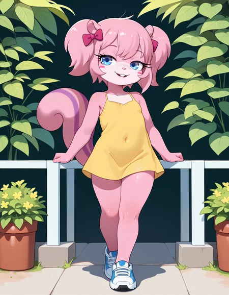 masterpiece, best quality, very aesthetic, absurdres,
outdoors, casual, 
full body, posing, 
seductive smile, parted lips, long eyelashes,
 <lora:Twiggy_v01_NAIXL:1>
Tw166y,1girl,solo,furry,furry female,squirrel girl,pink hair,squirrel ears,short hair,twintails,hair bow,blue eyes,blush stickers,animal nose,buck teeth,body fur,pink fur,squirrel tail,