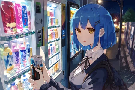 high quality, best quality, by jlt4n, vending machine, yamada_ryo, 1girl, blue hair, short hair, yellow eyes, guitar case, solo, mole under eye, looking at viewer, white shirt, collared shirt, bangs, black ribbon, night, hairclip, neck ribbon, long sleeves, school uniform, can, outdoors, upper body, blurry, <lora:jlt4n:1>