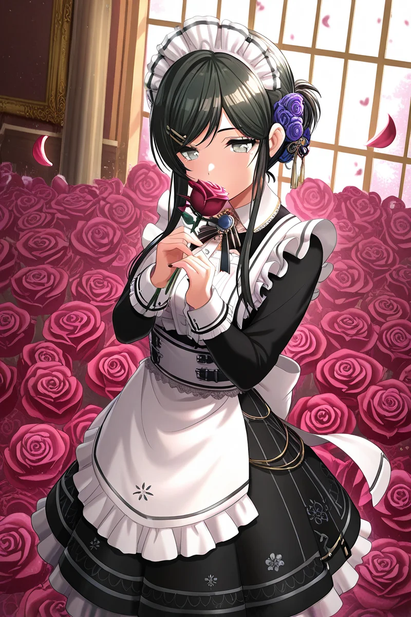 masterpiece, best quality, amazing quality,
<lora:Tsubaki_IL:1> tsubaki, 1girl, flower, rose, holding flower, petals, solo, maid headdress, apron, holding, maid, black hair, hair ornament, hair flower, white apron, grey eyes, swept bangs, frills
