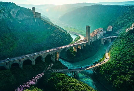 towers ringed in mist, sunrays, mixed media, flux-style, surrealism, fantasy, great lighting, A surreal landscape highly detailed, extremely high-resolution details, appears trapped in an optical illusion of reflections and refractions, colorful, Spring, cherry blossoms in the wind, sweeping vistas, majesty, spring blooms, (Zhangjiajie mountains:1.2),  (((Paris in contemporary France, baroque architecture, European architecture, Firenze towers))), (stone arch bridges:1.05), winding rivers extending to the horizon, professional photography, natural lighting, volumetric lighting maximalist. vivid, vibrant colors, intricately detailed, (psychedelic colors, psychedelic colors:1.15), complex, elegant, expansive, fantastical, film photography style, medium grain, cmnt
 (8k uhd:1,4)
 <lora:add-detail-xl:1>
 <lora:Dynamic Poses:1>