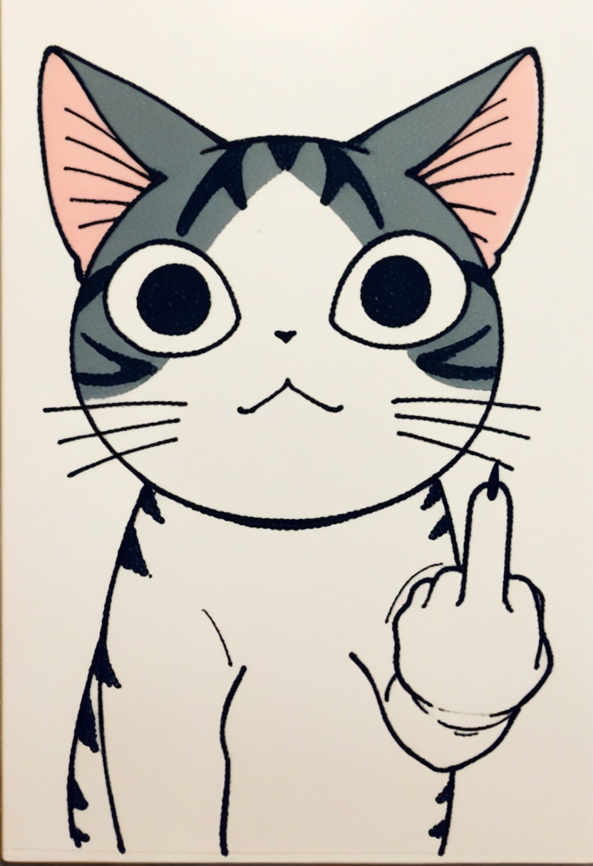 score_9, score_8_up,score_7_up, source_ anime, traditional art,   <lora:ChamChiYamadaPonyXL:0.8>,ChiYamada, cat, black eyes, no humans, middle finger,
<lora:Traditional_art_v4_USENEG:-0.8>