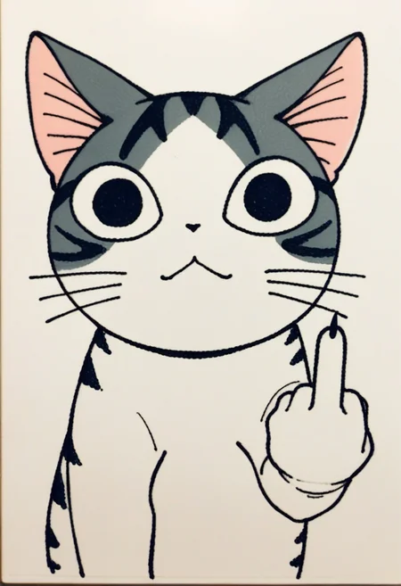 score_9, score_8_up,score_7_up, source_ anime, traditional art, <lora:ChamChiYamadaPonyXL:0.8>,ChiYamada, cat, black eyes, no humans, middle finger,
<lora:Traditional_art_v4_USENEG:-0.8>