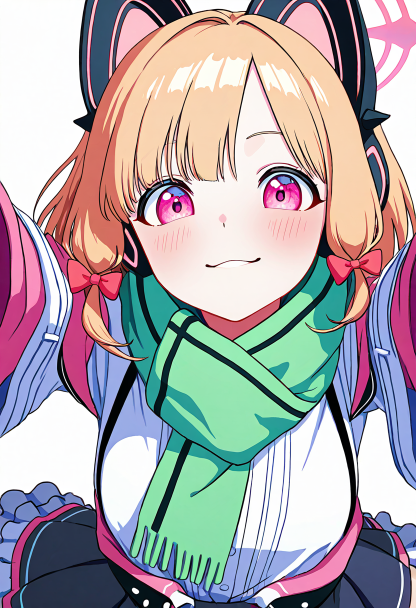 masterpiece, best quality, solo, curvy, beautiful eyes, narrow waist, wide hips, 1girl, solo, smile, looking at viewer, dynamic angle, foreshortening, close up,     zzMomoi, blonde hair, animal ears, fake animal ears, animal ear headphones, headphones, short hair, bow, halo, cat ear headphones, hair bow, red bow, pink eyes, pink halo,  ,<lora:MomoiBlueArchiveIXL:0.7>,[Sirensong Marauder], off-shoulder blouse with lace-up front, layered fishscale-patterned skirt, seafoam-green scarf, earrings made of driftwood and shells, pearl-threaded braid, seafarer's compass hanging from belt, moonlit ship rail, distant siren silhouettes, swaying pose, teasing smile,
