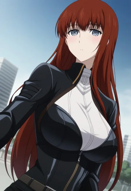 Ultra-high-detailed Anime illustration of Kagari Shiina. The artwork features Kagari in a solo, standing position with a outdoors, street background. She is depicted with intricate details showcasing her big breasts, natural breasts. She is a white skinned, 22 years old woman. Kagari is looking at viewer with perfect eyes, Her pupils are highly detailed. The eyes are open. grey eyes. Kagari's eyes are highlighted. Highlighted eyevrows. She has long hair, red colored hair, styled in floating hair with bangs. She is wearing a motorcycle suit, black motorcycle suit, full body motorcycle suit with black gloves, black belt and black shoes. The artistic style is intricate_details_xl with a focus on Anime artstyle. The color palette emphasizes red and black with detailed strokes to bring out the character's features. The lighting creates dramatic shadows and highlights, adding depth to the artwork. The perspective is from a dutch angle to enhance the impact of the character's expression. This masterpiece is a true portrayal of Kagari's complex personality and will captivate any fan of Kagari. Kagari Shiina, close up