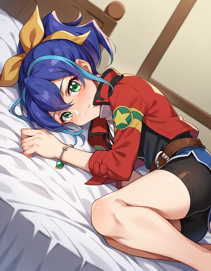 score_9, score_8_up, score_7_up, source_anime,
yugiohserena, <lora:yugioh-serena-ponyxl-lora-nochekaiser:1>,
yugioh serena, blue hair, multicolored hair, ponytail, two-tone hair, green eyes, hair bow, ribbon,
belt, bike shorts, bow, bracelet, jacket, jewelry,
indoors, bed, bed room, on side, blush, drunk,
looking at viewer, cowboy shot, dutch angle,