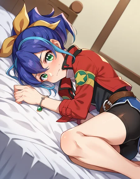 score_9, score_8_up, score_7_up, source_anime,
yugiohserena, <lora:yugioh-serena-ponyxl-lora-nochekaiser:1>,
yugioh serena, blue hair, multicolored hair, ponytail, two-tone hair, green eyes, hair bow, ribbon,
belt, bike shorts, bow, bracelet, jacket, jewelry,
indoors, bed, bed room, on side, blush, drunk,
looking at viewer, cowboy shot, dutch angle,