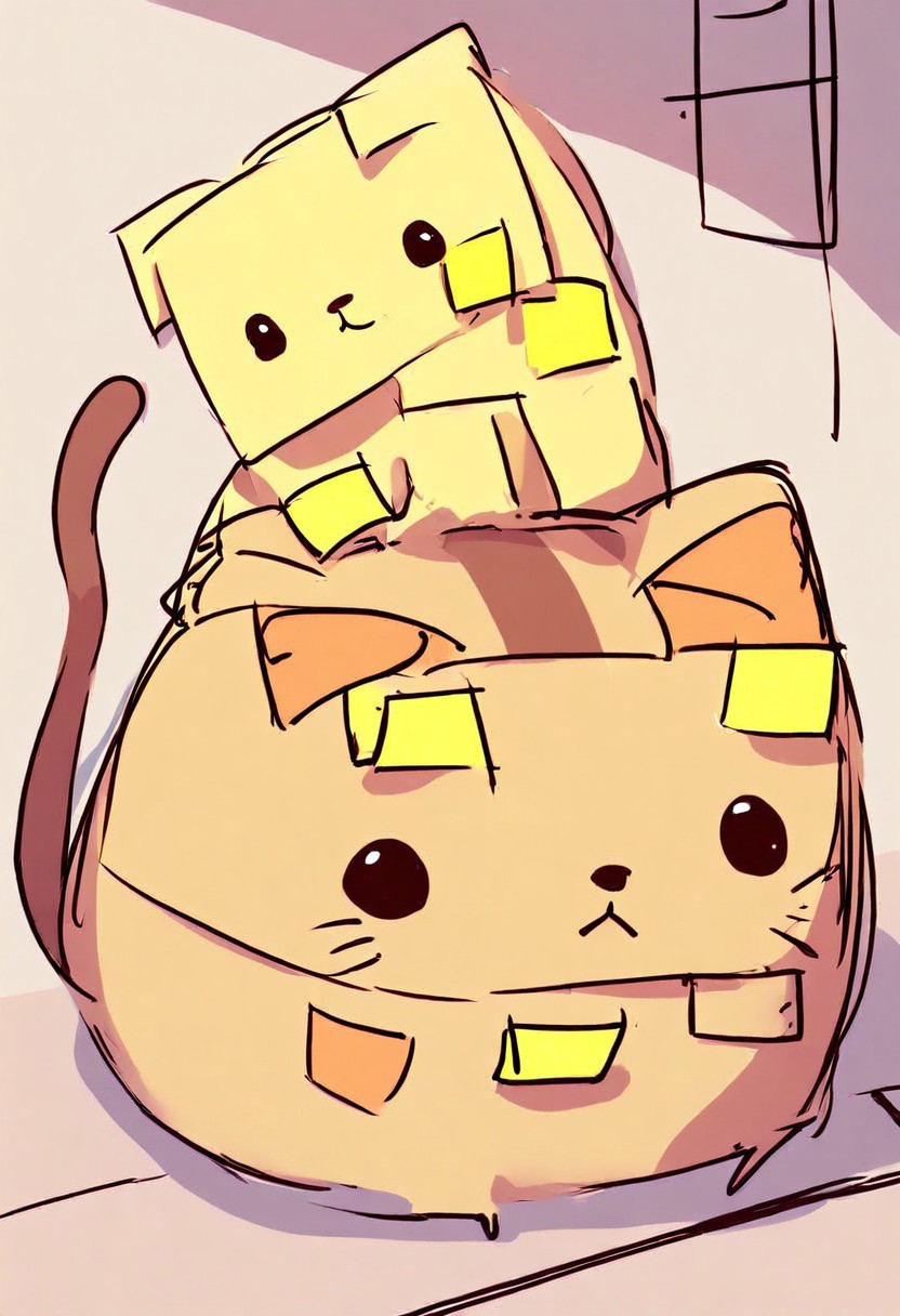 SK3, simple sketch, sharp shadows, a cute cat covered with sticky notes, Jed-StickyN, cute, kawaii
