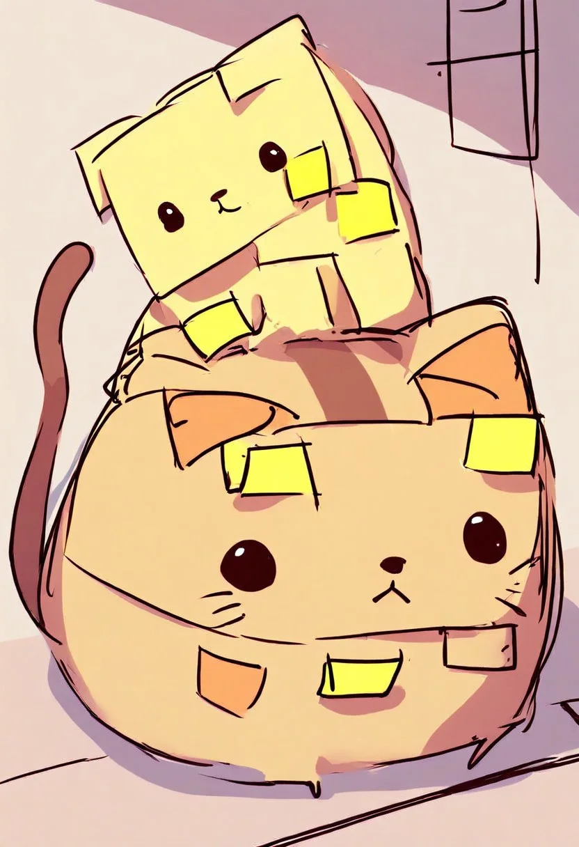 SK3, simple sketch, sharp shadows, a cute cat covered with sticky notes, Jed-StickyN, cute, kawaii