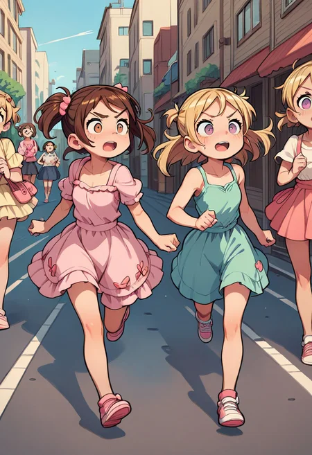 score_9, score_8_up, score_7_up, score_6_up, dramatic, 2girls , running, blonde girl and brown hair girl,pink (((kawaii))) sundress, street, crowd