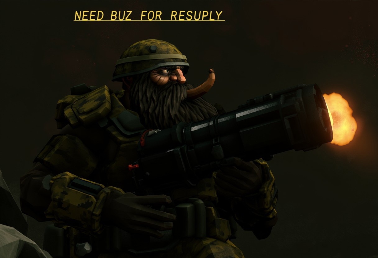 cinematic photo of dr_gunner,  with huge black beard, smoking a cigar, wearing military camo armor, wearing military helmet, shooting a heavy cannon gun, in a cave. The text above the dr_gunner says "NEED BUZZ FOR RESUPPLY".
 <lora:DeepRock-v3:1> deeprock
