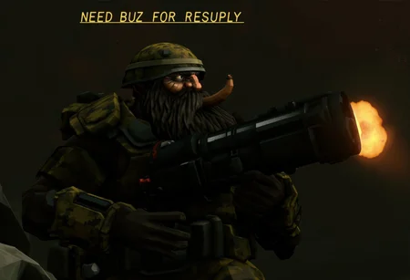 cinematic photo of dr_gunner, with huge black beard, smoking a cigar, wearing military camo armor, wearing military helmet, shooting a heavy cannon gun, in a cave. The text above the dr_gunner says "NEED BUZZ FOR RESUPPLY".
<lora:DeepRock-v3:1> deeprock