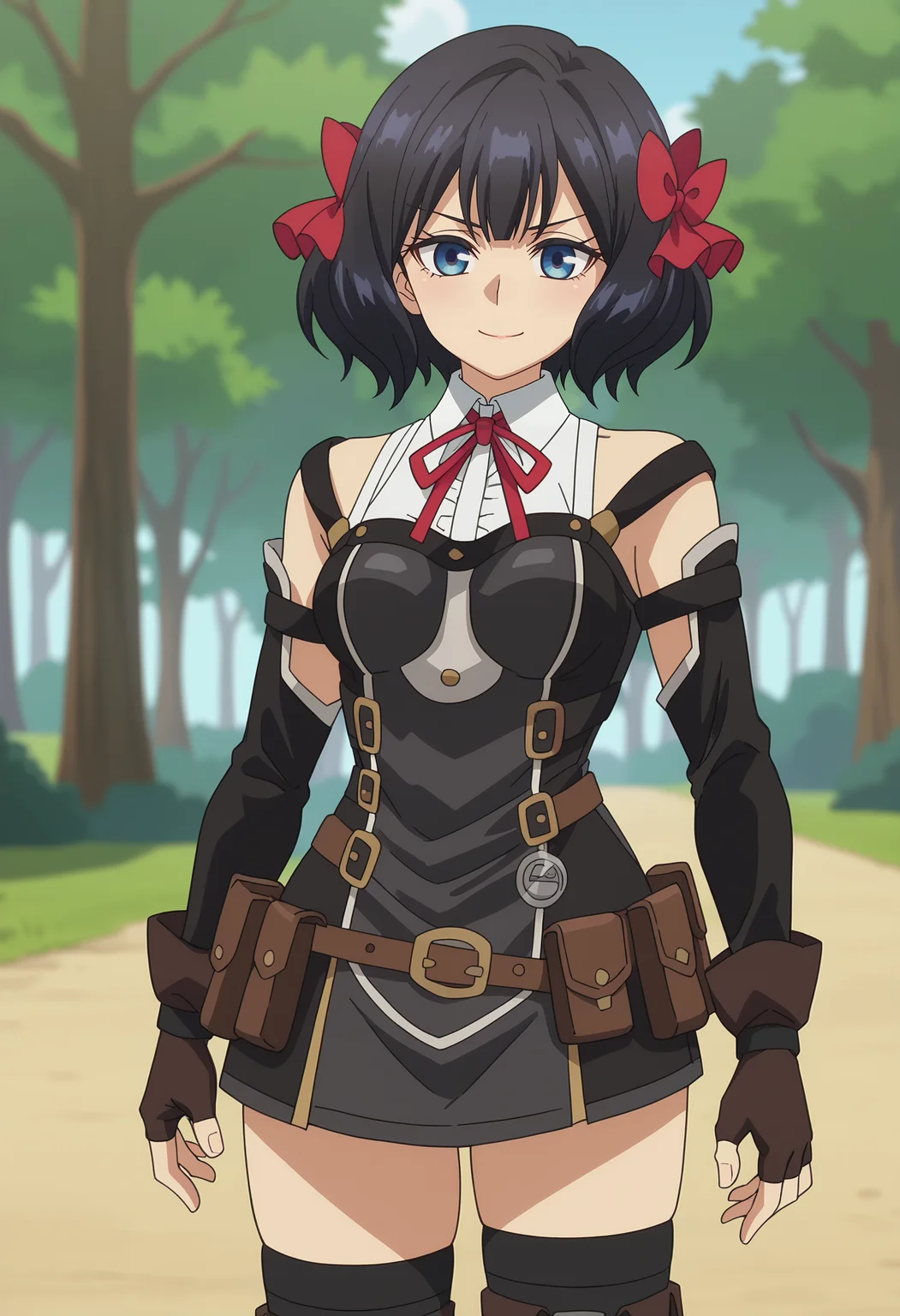 score_7_up, anime screencap,
<lora:NagekiNoBoureiWaIntaiShitai_TinoShadeXL:0.9>, TinoShade,
1girl, solo, closed mouth, light smile,
medium hair, black hair, blue eyes, hair bow, red bow,
white shirt, collared shirt, neck ribbon, red ribbon, harness, grey dress, black dress, detached sleeves, brown gloves, fingerless gloves, brown belt, belt pouch, black thighhighs,
thigh gap, standing, looking at viewer,
outdoors, forest