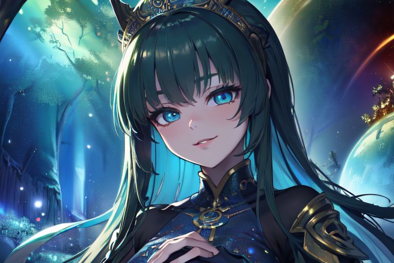 (masterpiece:1.4), 4K8K, (anime style), (high shutterspeed:1.4), (sharp edges), 
SyFyEye1, FanFo, 
1woman  hands togather,  leaning foward, face focus, smile, closed mouth, 
wearing Celtic style dress, (Detailed face, Detailed eyes, Detailed lips), (solo), 
Fantastic Forest at fantasy night, Fantastic Planets