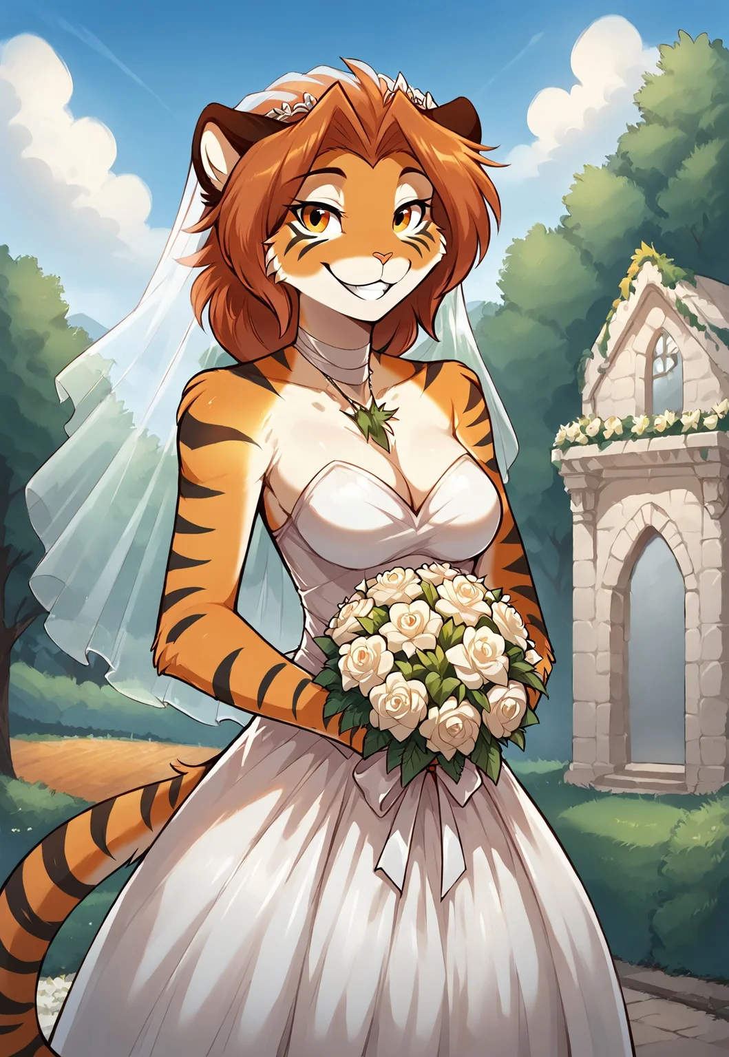 score_9, score_8_up, score_7_up, masterpiece, best quality, good quality, highly detailed, absurdres, Expressiveh, detailed background, outdoors, wedding chapel, wedding decorations, 1 girl, solo, anthro, aerith-twokinds, tiger tail, wedding dress, holding bouquet, looking at the viewer, smile, happy
