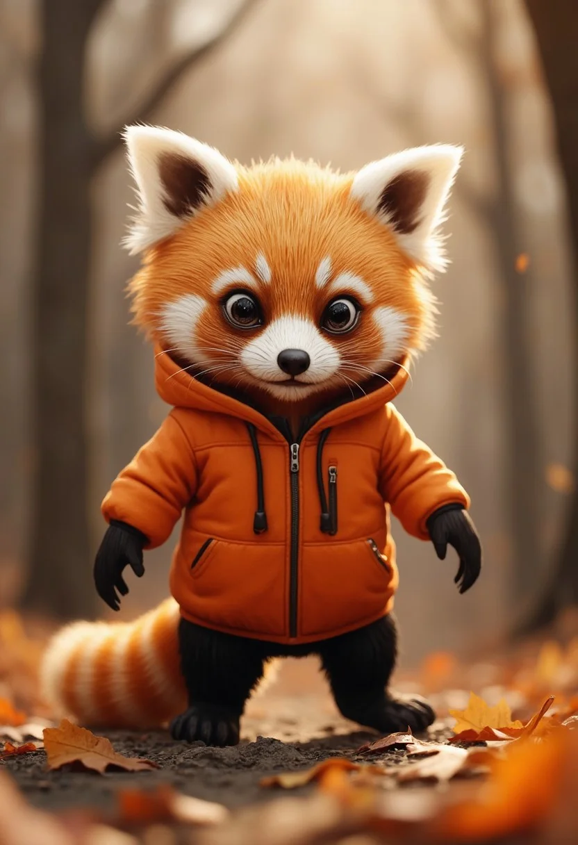 A highly detailed, professional photograph of an anthropomorphic red panda character standing in a peaceful autumn forest. The character has soft, plush-like fur in vivid orange and white tones, contrasted by large, expressive black eyes that give it a lifelike, endearing quality. Dressed in a stylish orange hoodie with black accents, the panda stands sharply in focus, while the background features a shallow depth of field, blurring the bare trees and fallen leaves of the forest. The warm lighting and careful composition highlight the character’s small, round ears and playful expression, creating a polished, heartwarming image that feels both whimsical and lifelike.RPG Style,jitostyle