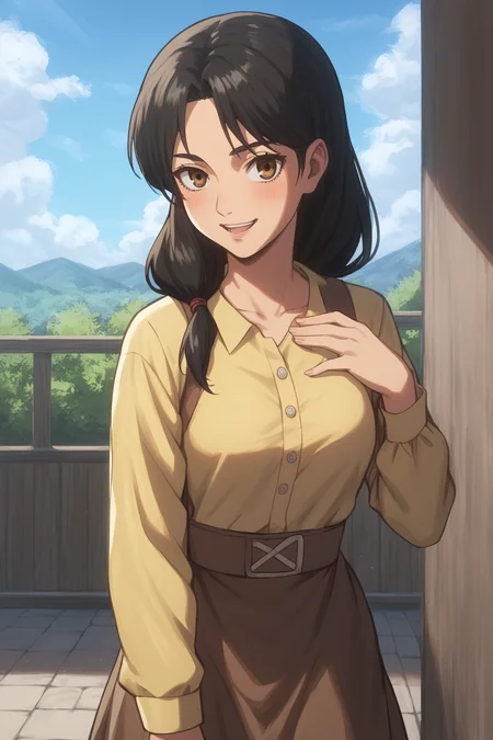 score_9, score_8_up, score_7_up, BREAK source_anime, <lora:carla yeager-PonyXL-lora-Faxtron:0.8> carla yeager, tucked-in yellow shirt, long sleeves, brown skirt,