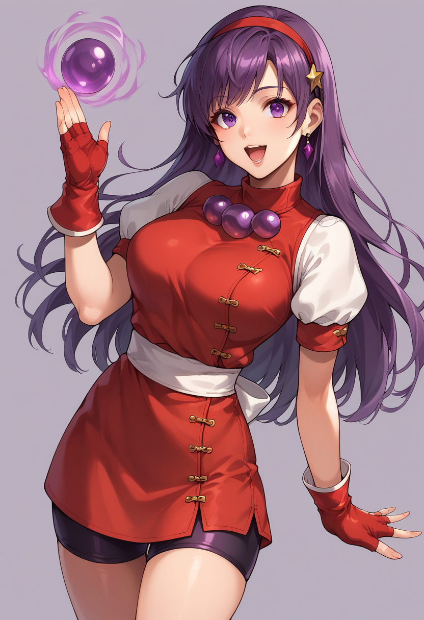 score_9, score_8_up, score_7_up,  source_anime,  BREAK  <lora:AthenaKOF98:0.9>, Athnea98, purple hair, long hair, red hairband, beads, red vest, white puffy sleeves, biker shorts, fingerless gloves, 1 girl, solo, open mouth, purple background, open hand, purple magic,