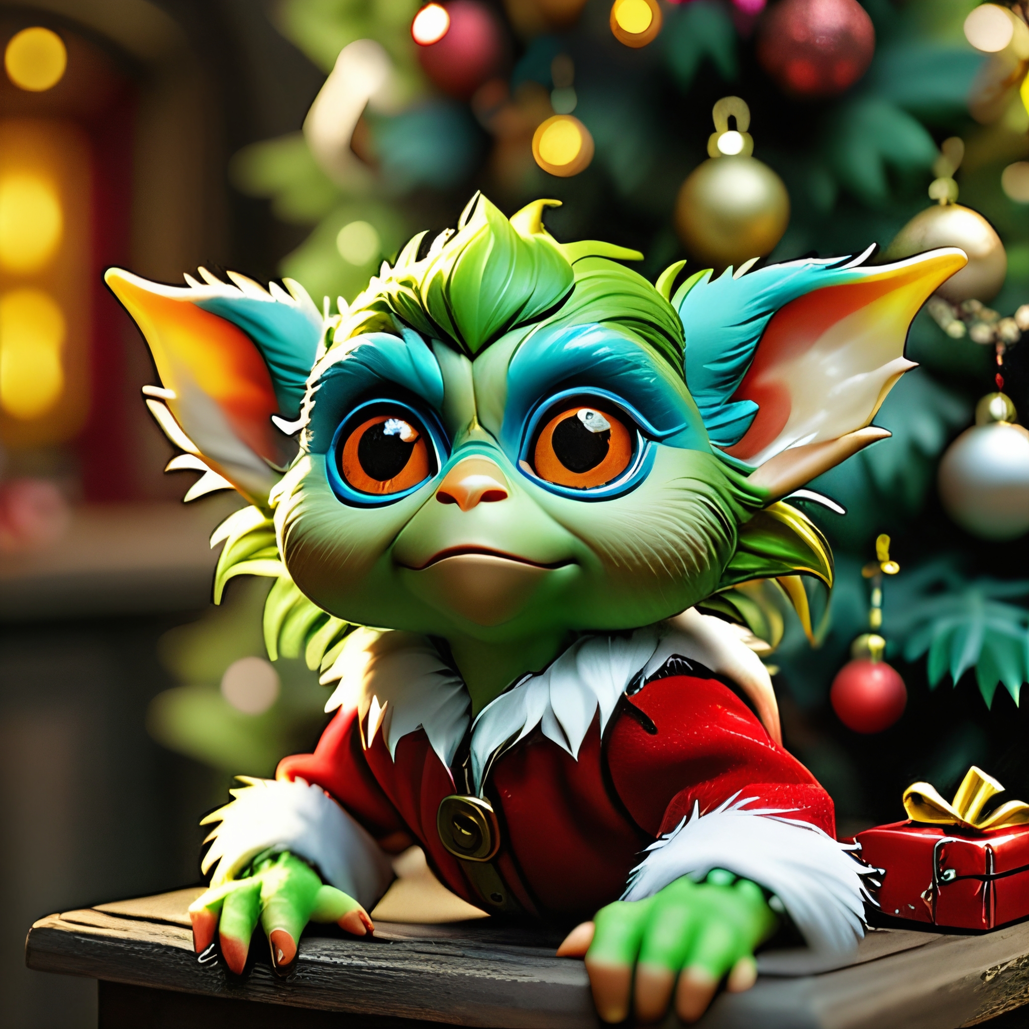 masterpiece, intricate photo, christmas gremlin, background kids elven toy factory at the north pole, christmas tree, festively decorated, christmas gifts, photo realistic, hyper realistic, highly detailed, sharp focus, best quality, high resolution, colorful, vibrant colors, studio lighting, 8K