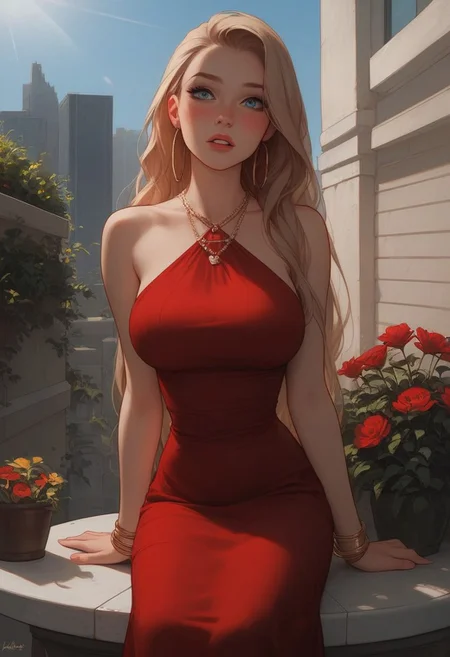 masterpiece, score_9, score_8_up, score_7_up, EasyNegative_v2, (best quality:1.1), ultra-detailed, high resolution, super detailed skin, Highly Visible, 8k, sharp focus, beautiful, perfect lighting, smooth edges, 1girl, cute girl, sexy, beautiful, white skin, on a date, rooftop, big city, day, skyscraper, colorful rooftop, flowers and bushes, sitting on stall, round table, (pressing breasts together), curvy body, soft belly, belly, 1girl, sexy girl, bright blue eyes, makeup, (long hair), ((clear blond HAIR)), twin meshes, narrow waist, 18 years old, perfect eyes, big eyes, shy, ((looking at viewer, embarassed)), perfect teeth, pouty lips, glossy lips, sexy, big breasts, round breasts, smooth skin, golden hoop earrings, red dress, sleeveless, golden bracelet, golden necklace, blushing, day, sun rays, blue sky, front angle view
