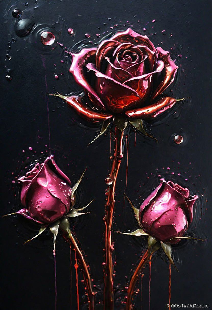 (Impressionism: 1.5), (abstract acrylic painting), macro photo, sparkling magical fantasy glass rose dewdrop, very detailed, amazing quality, intricate, cinematic light, highly detail, beautiful, surreal, dramatic, galaxy fantasy colors, realism, modern art, abstraction, absurdity, acrylic painting on canvas, (silhouette in strokes: 1.6)