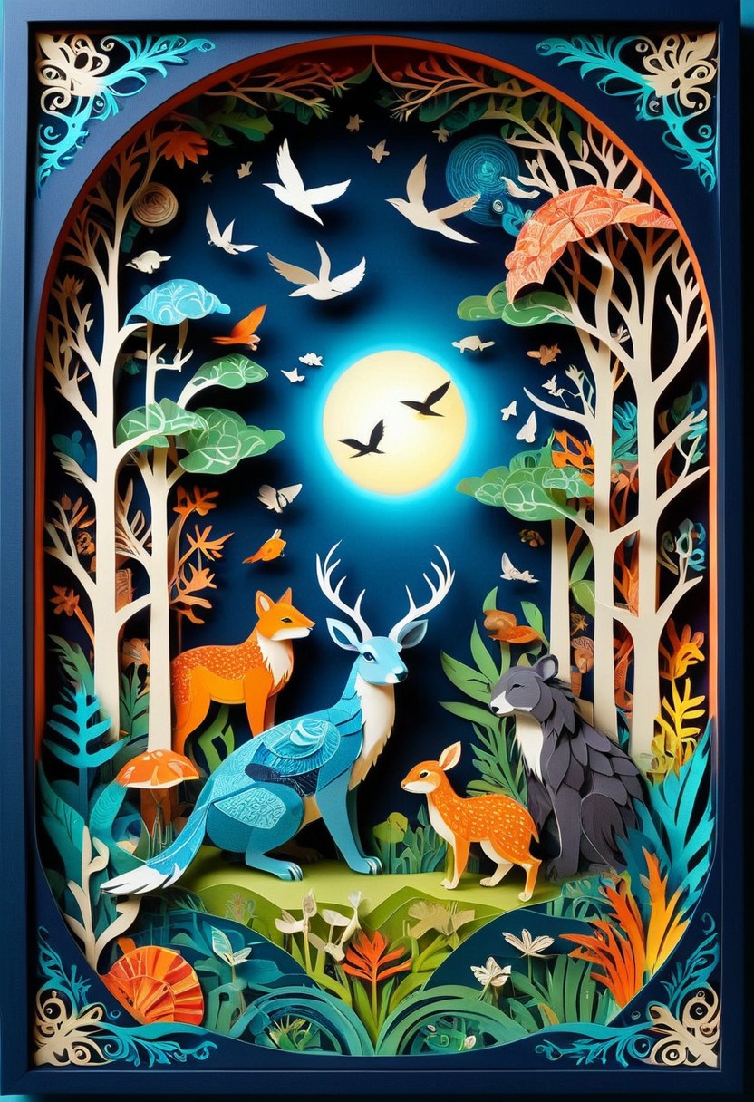 3D papercut shadow box of a parallel universe where animals have evolved to use technology, Patchwork Style, layered, dimensional, depth, silhouette, shadow, handmade, by various contemporary artists. 
concept-art, fantasy, epic, majestic, magical, dreamy, perspective, light and shadow, moody, epic, 
beautiful, painterly, aesthetic, textural, vivid, vibrant, intricate details, highly detailed, ultra-detailed, absurdres, 
aid291, ptchkrawk , Jed-pprct