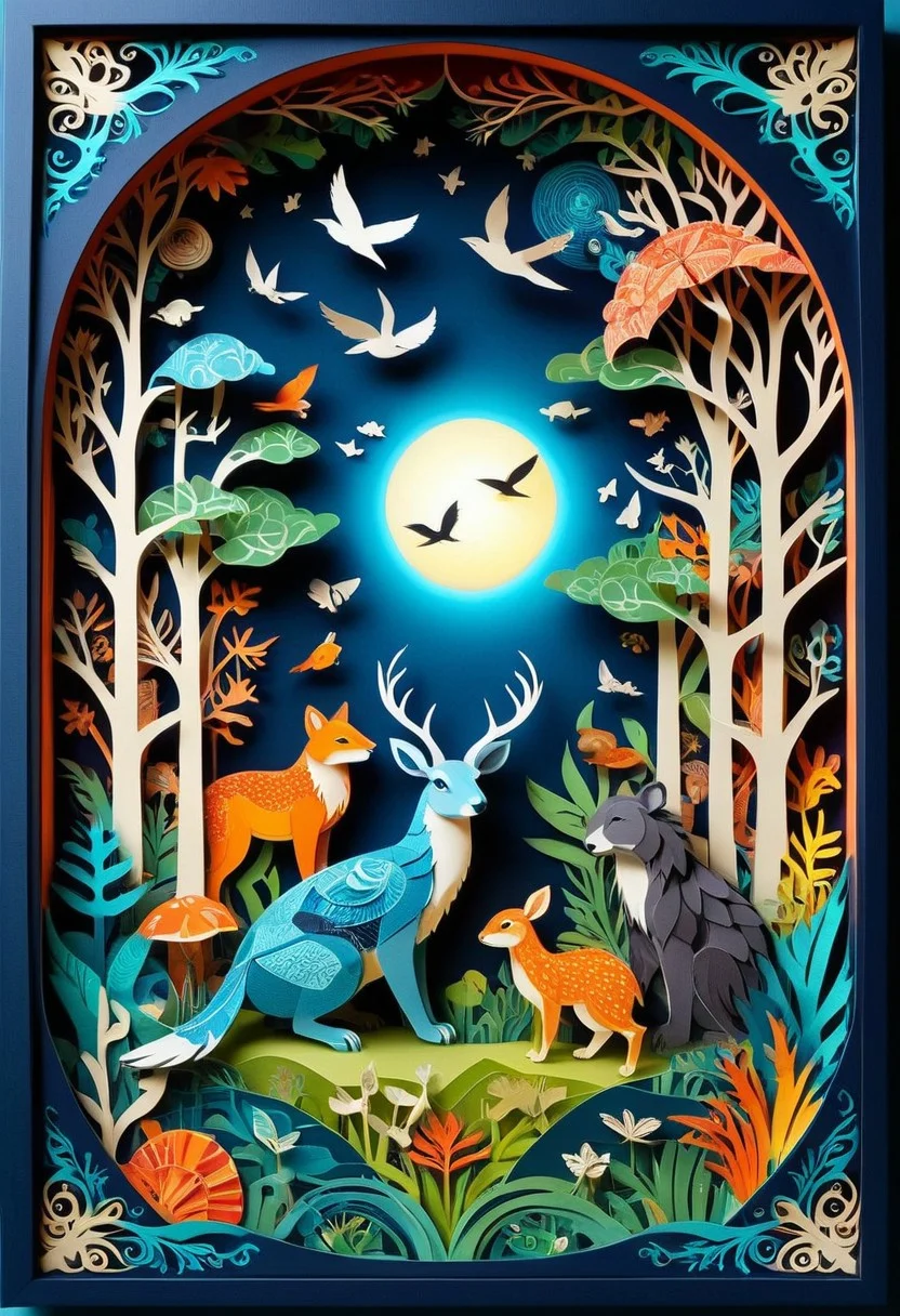 3D papercut shadow box of a parallel universe where animals have evolved to use technology, Patchwork Style, layered, dimensional, depth, silhouette, shadow, handmade, by various contemporary artists. 
concept-art, fantasy, epic, majestic, magical, dreamy, perspective, light and shadow, moody, epic, 
beautiful, painterly, aesthetic, textural, vivid, vibrant, intricate details, highly detailed, ultra-detailed, absurdres, 
aid291, ptchkrawk , Jed-pprct