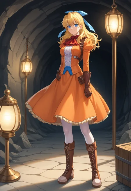 score_8, score_8_up, score_7_up, source_anime, anime screenshot BREAK female focus, 1girl, solo, Maya_WA, blonde hair, long hair, hair bow, blue hair bow, Blue eyes, ascot, red ascot, orange dress, dress, long sleeves, shoulder holster, cross-laced clothes, brown gloves, long gloves, pantyhose, white pantyhose, cross-laced boots, standing, cave interior, looking at viewer, full body, indoors, underground, mine (\place\), lamp, minecart, dynamic lighting, dark