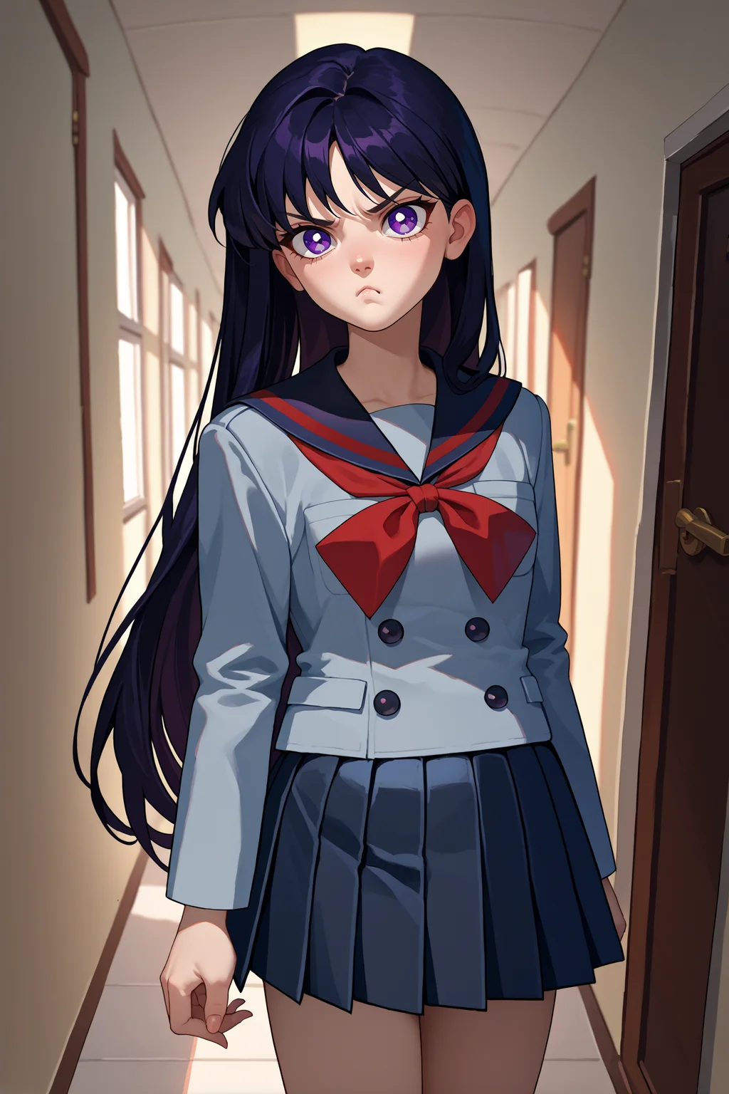 score_9, score_8_up, score_7_up, score_6_up, source_anime, 1girl, solo, <lora:sailormars-pdxl-nvwls-v1-000005:1> slrmars, black hair, long hair, purple eyes, black sailor collar, red neckerchief, grey uniform, school uniform, black skirt, pleated skirt, hallway, looking at you, pout