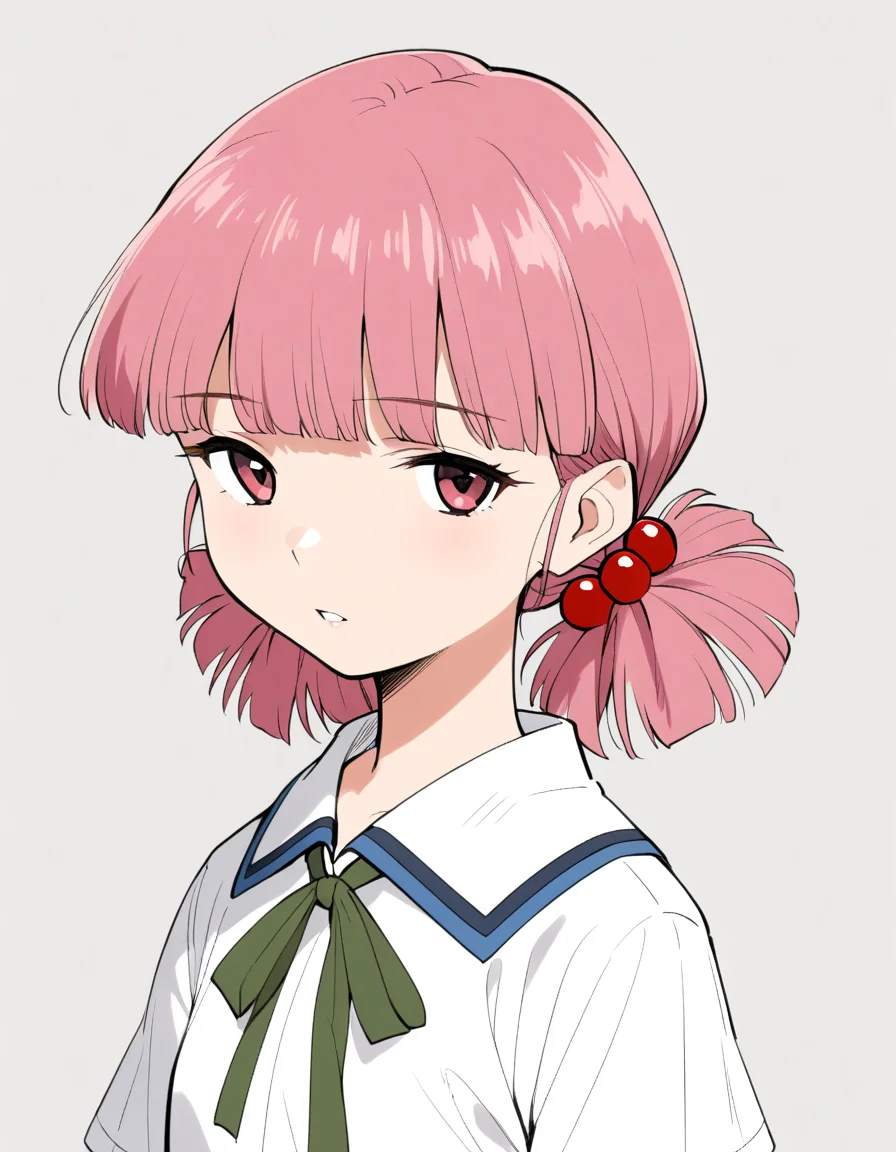 <lora:KirisakiMaiXL_ani31_3:0.8> 1girl, solo, kirisaki mai, low twintails, hair bobbles, collared shirt, whit shirt, green neck ribbon, short sleeves,
portrait, looking at viewer, expressionless, parted lips,
best quality