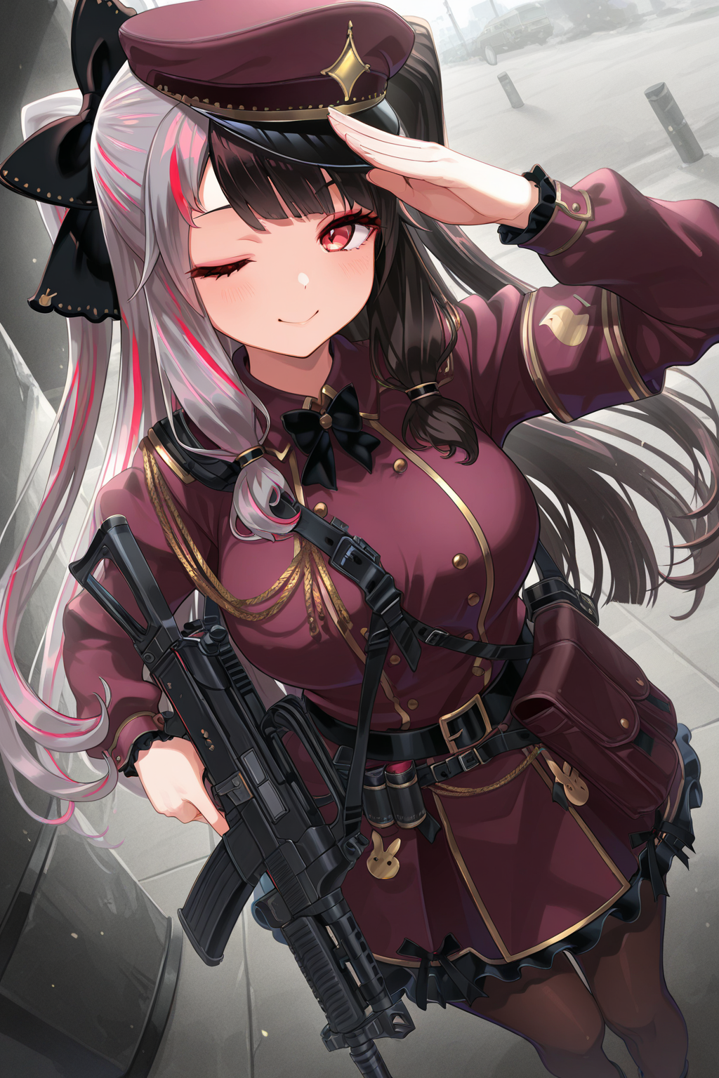 1girl, YorumiRenaNijisanji,
general, solo, perspective, dynamic angle, half body,
long hair, twintails, eyelashes, red eyes, 
large breasts,
peaked cap, military uniform, brown pantyhose,
gun sling, assault rifle, mp-443 grach,
looking at viewer, salute, smile, one eye closed, \:p, holding gun, 
<lora:kp_YorumiRenaNijisanji2ndCostumeIllustrious_v1_0:1.0>,
masterpiece, best quality, amazing quality