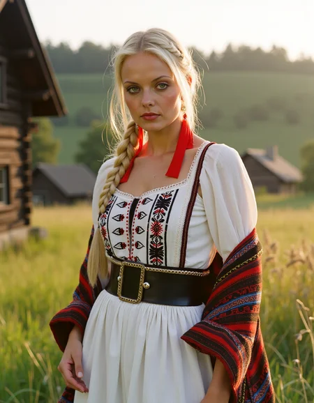 analog photography, shot by Kodak Duaflex II, ultra detailed, ultra quality, cinematic, a mesmerizing woman with platinum blond hair woven into an elegant braid, adorned with bright red ribbons, standing in a lush meadow. She wears a traditional Romanian blouse (ie) with intricate black and red embroidery, symbolizing fertility and protection. Her flowing white skirt features delicate floral lace along the hem, and a wide, beaded belt accentuates her waist. Over her shoulders, she drapes a vibrantly woven wool shawl with geometric patterns. Her gaze is soft and mysterious, her Slavic cheekbones illuminated by the golden sunset as she stands near a quaint wooden village. <lora:Janacovaxhres-grm80vx:1> jancov