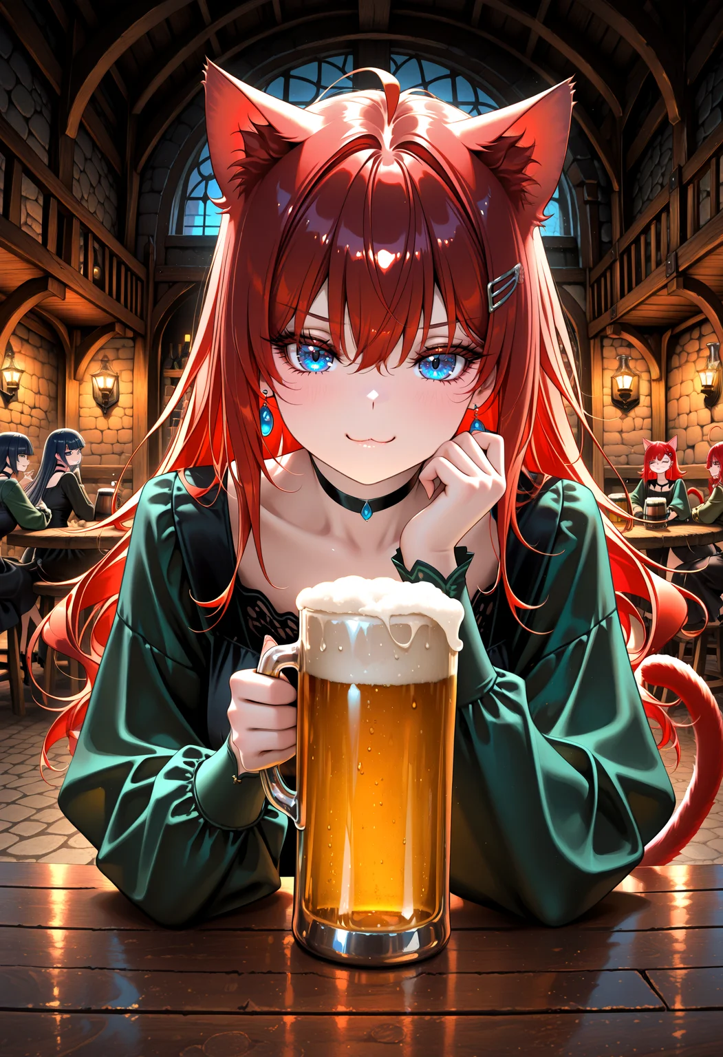 lazympos,adult,
1woman, newest,absurdres,incredibly absurdres, very aesthetic,
aoi nagisa \(metalder\), ningen mame, (nixeu:0.8), (yoneyama mai:0.8), pov across table, holding beverage, beer keg, medieval, european architecture, indoors, tavern, dark, dim lighting, long hair, red hair, blue eyes, ahoge, hairclip, earrings, medium breasts, cat ears, cat tail, red tail,black dress, green sleeves, casual, black choker, looking at viewer, light blush, smirk, :3, masterpiece, best quality, newest, absurdres, highres, very awa,