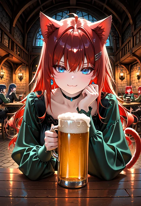 lazympos,adult,
1woman, newest,absurdres,incredibly absurdres, very aesthetic,
aoi nagisa \(metalder\), ningen mame, (nixeu:0.8), (yoneyama mai:0.8), pov across table, holding beverage, beer keg, medieval, european architecture, indoors, tavern, dark, dim lighting, long hair, red hair, blue eyes, ahoge, hairclip, earrings, medium breasts, cat ears, cat tail, red tail,black dress, green sleeves, casual, black choker, looking at viewer, light blush, smirk, :3, masterpiece, best quality, newest, absurdres, highres, very awa,