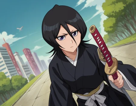 score_9, score_8_up, score_7_up, source_anime,
rukiakuchiki, <lora:rukia-kuchiki-ponyxl-lora-nochekaiser:1>,
rukia kuchiki, black hair, hair between eyes, purple eyes, short hair,
weapon, japanese clothes, sword, kimono, katana, sheath, hakama, black kimono, long sleeves, wide sleeves,
outdoors, cityscape, bent over,
looking at viewer, dutch angle, cowboy shot,