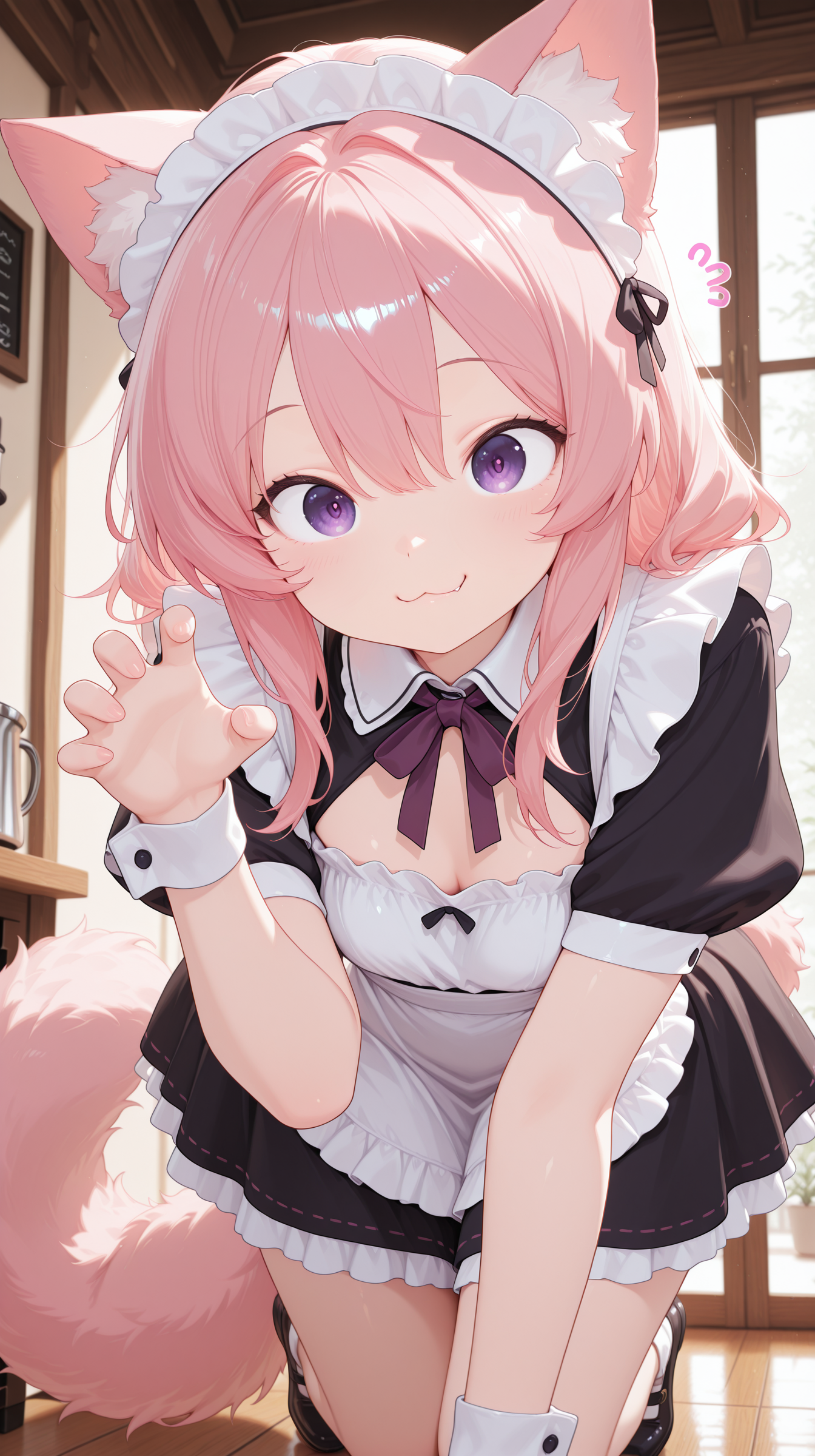 1girl,  fluffy tail, cat pose, playful expression, cafe setting, soft background blur masterpiece, best quality, amazing quality, very aesthetic, absurdres, detailed eyes, newest, <lora:CivChan:1>, CivChan, purple eyes, pink hair,